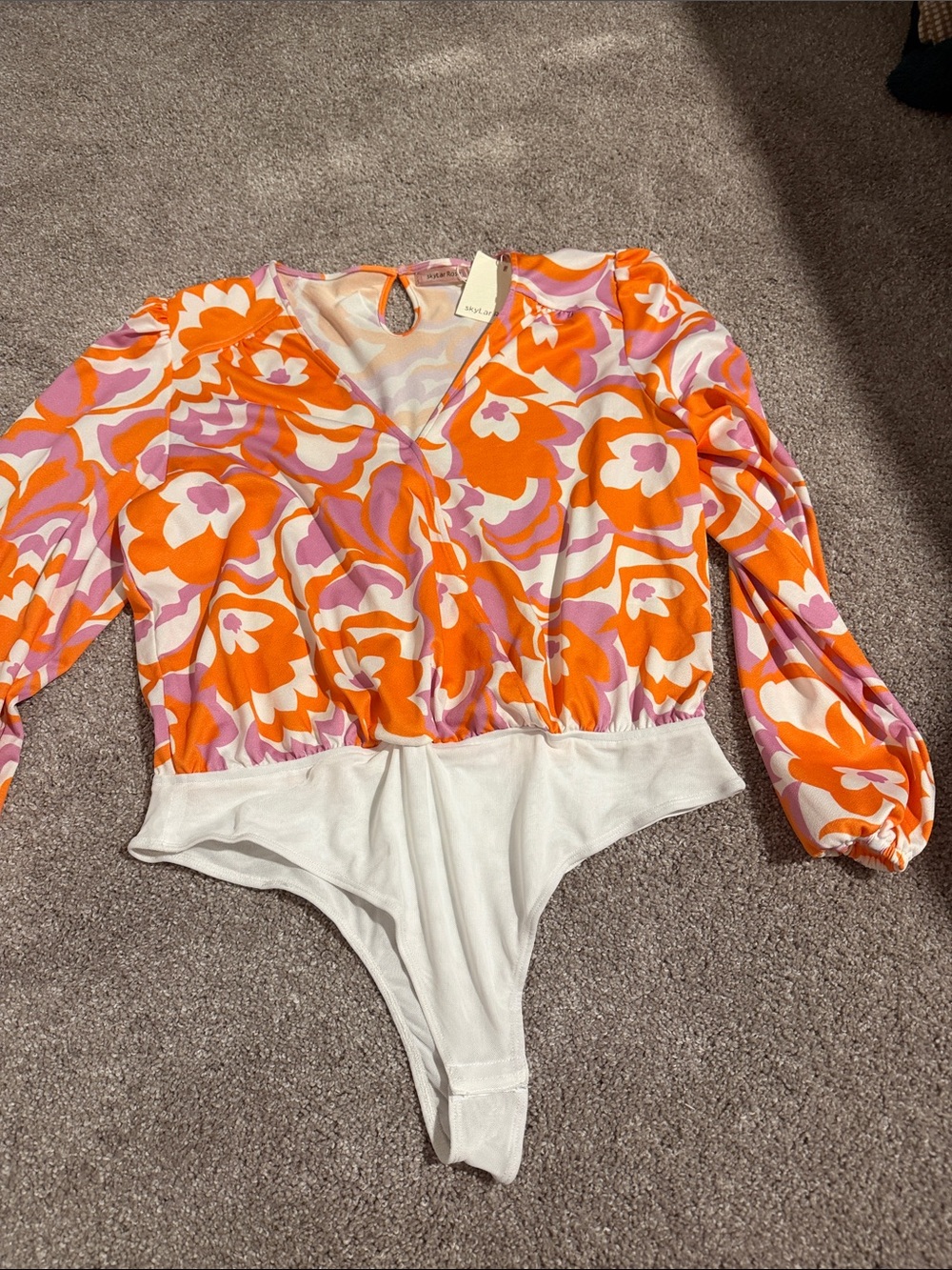 V-Neck Floral Long Sleeve Bodysuit in Orange & Pink